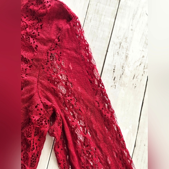 Indigo Soul Burgundy Wine Lace Sequin Flowy Tiered Layered Ruffle Longsleeve Top - Picture 10 of 14